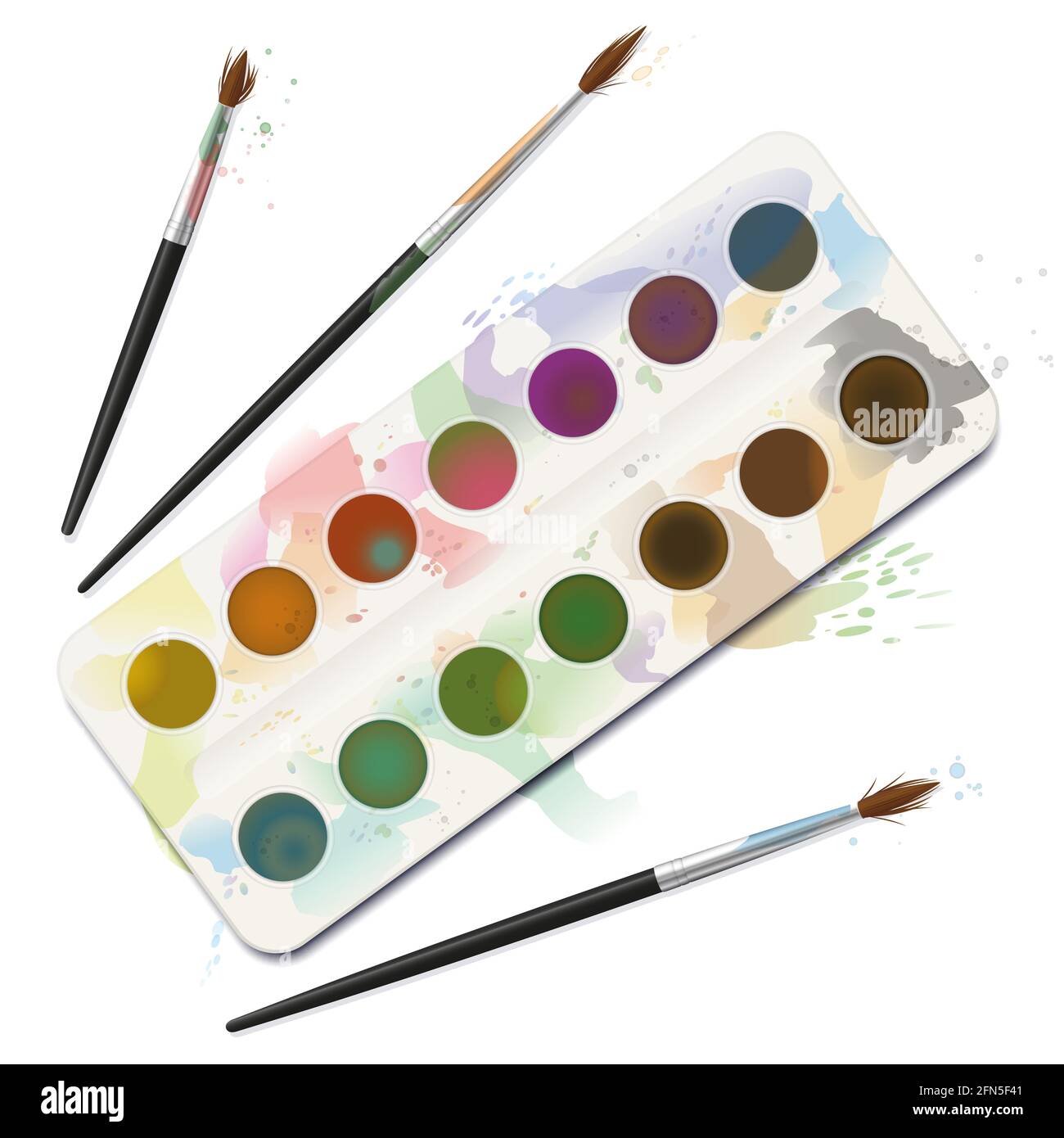 Gebrauchte Aquarellfarbe Box - fleckig, fleckig, verschmutzt, verschüttet, schmutzig mit ausgefransten Pinsel - Abbildung auf weißem Hintergrund. Stockfoto