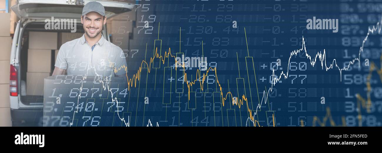 Zusammensetzung der Verarbeitung von Finanzdaten über lächelnde Liefermannhaltung Paket Stockfoto