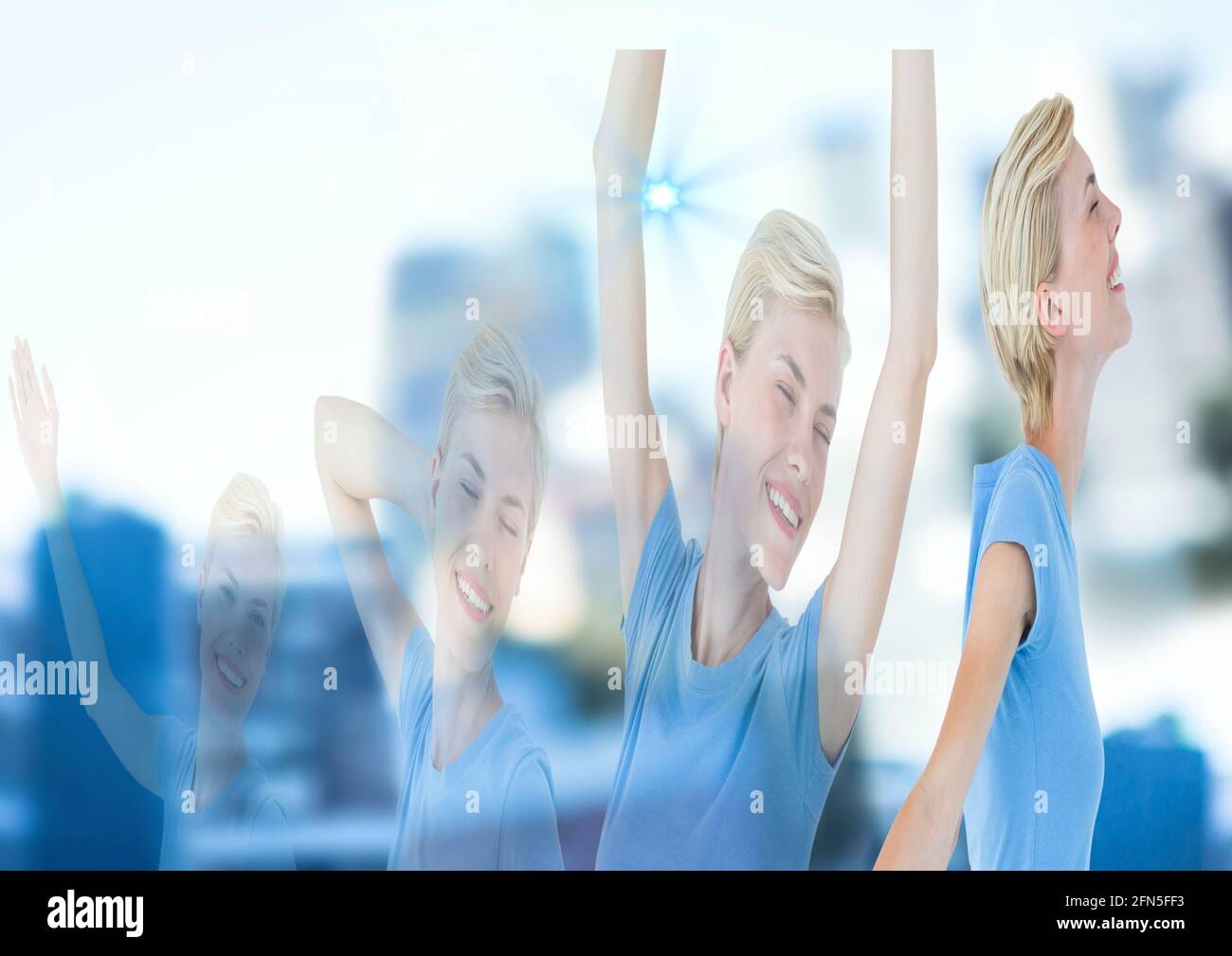 Komposition von glücklicher blonder Frau in Wiederholung Ausübung über aus Des Fokushintergrundes Stockfoto