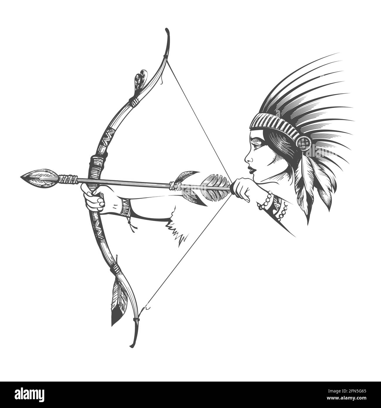 Tattoo of Woman in Natine Indian war Hair Dress steht mit Bogen und Pfeil isoliert auf weiß. Vektorgrafik. Stock Vektor