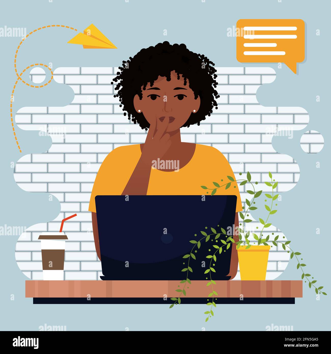 Denkende afrikanische Frau, die mit einem Laptop arbeitet. Niedliche Vektor-Illustration in flachem Stil Stock Vektor