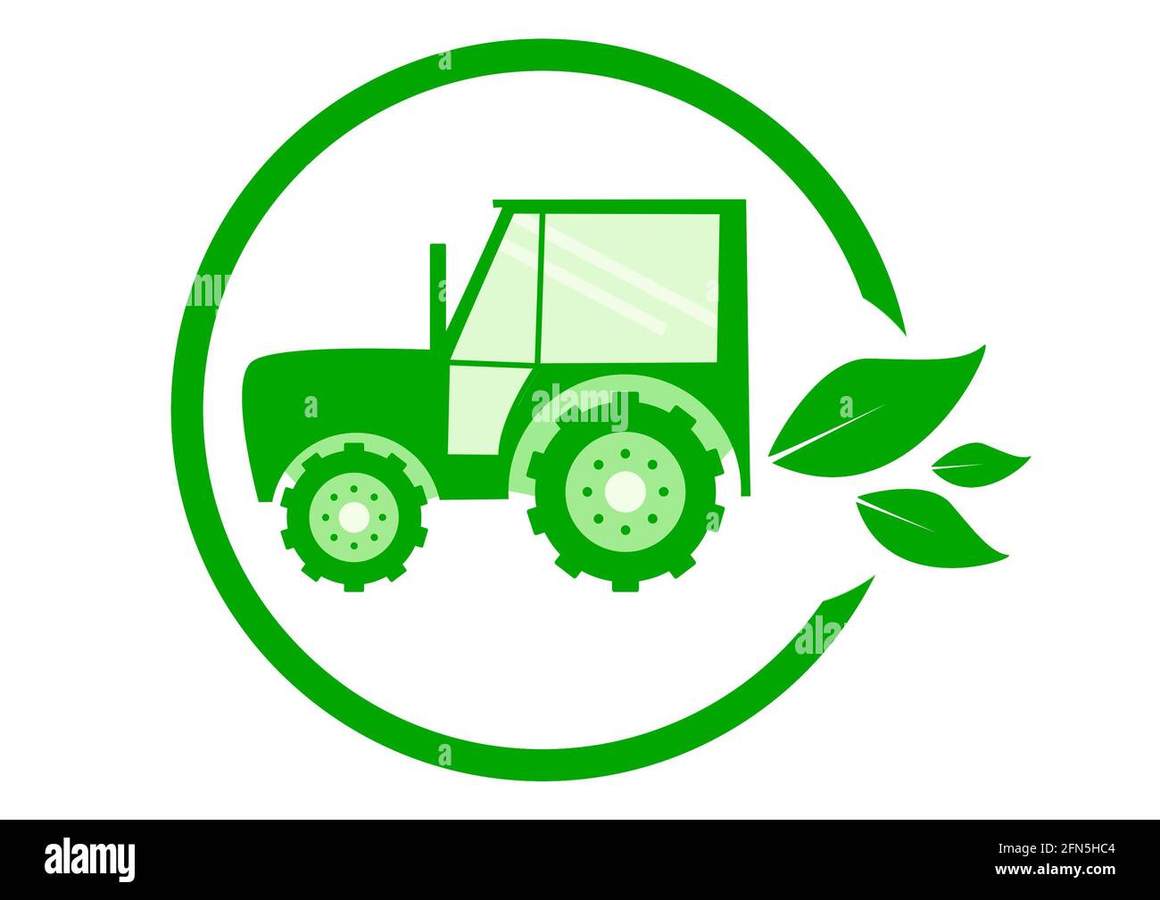 Illustriertes Abzeichen der ökologischen nachhaltigen Landwirtschaft. Grüner Traktor mit drei Blättern im Kreis. Stockfoto