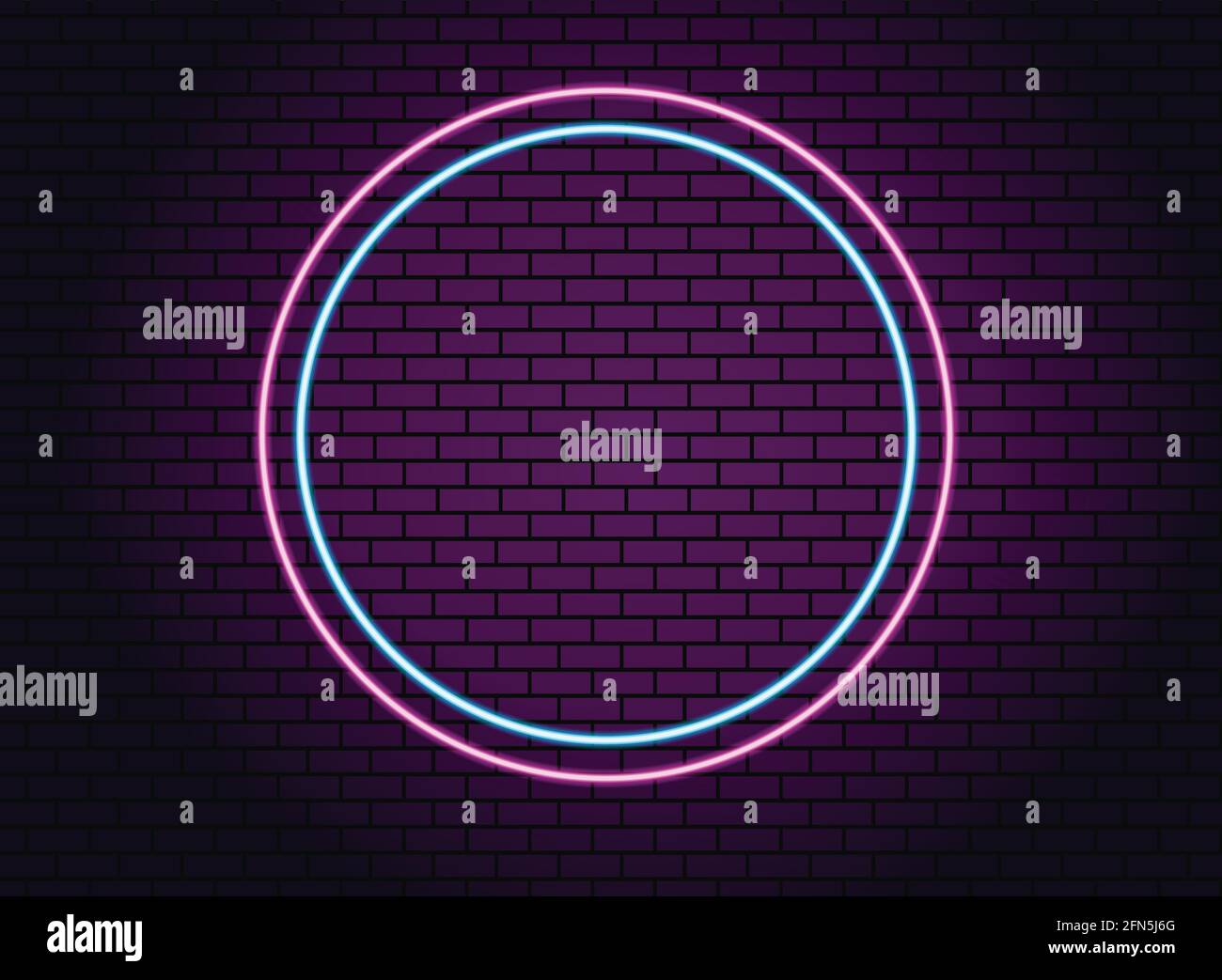 Neonpink und blaues Licht auf dunkler Ziegelwand Vektorgrafik. Neon-Kreis oder -Rahmen. Lichtschild. Vektor abstrakt Neon Hintergrund für Schild Stock Vektor