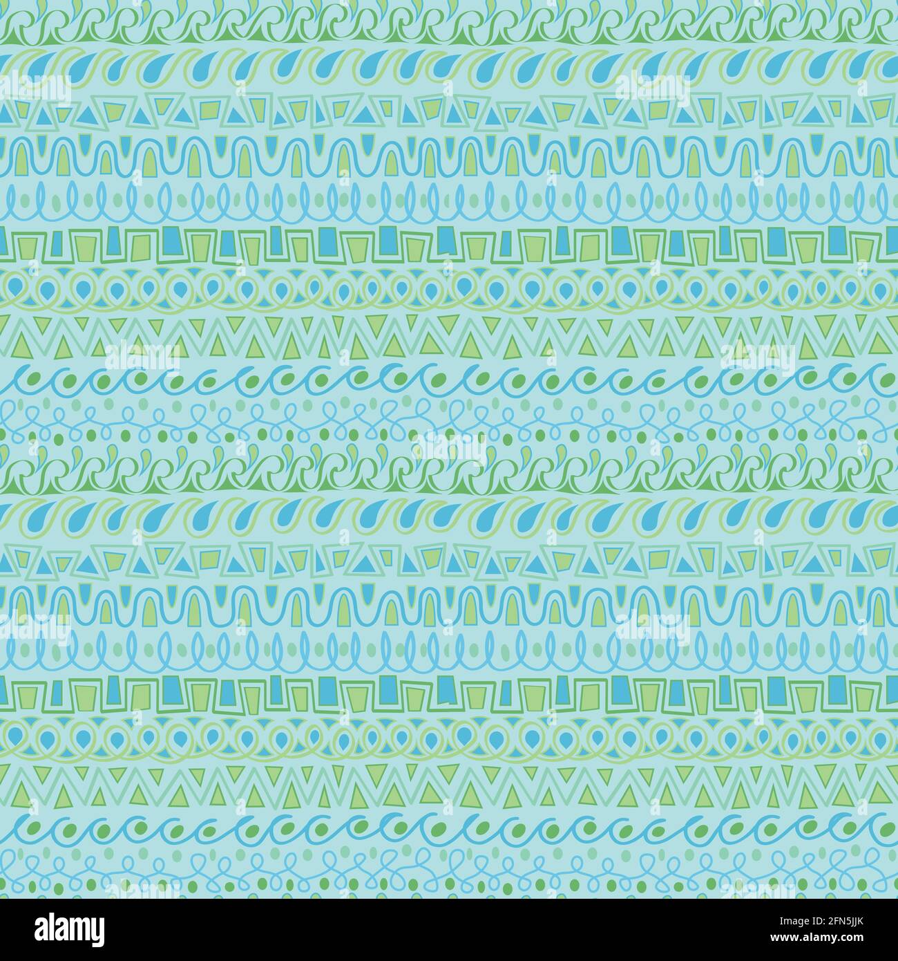 Nahtlos wiederholtes Muster. Naive, handgezeichnete Umrandungen in hellblau und grün. Komplizierte und detaillierte, aber einfache Formen/Ränder von Wellen, Quadraten und Stock Vektor