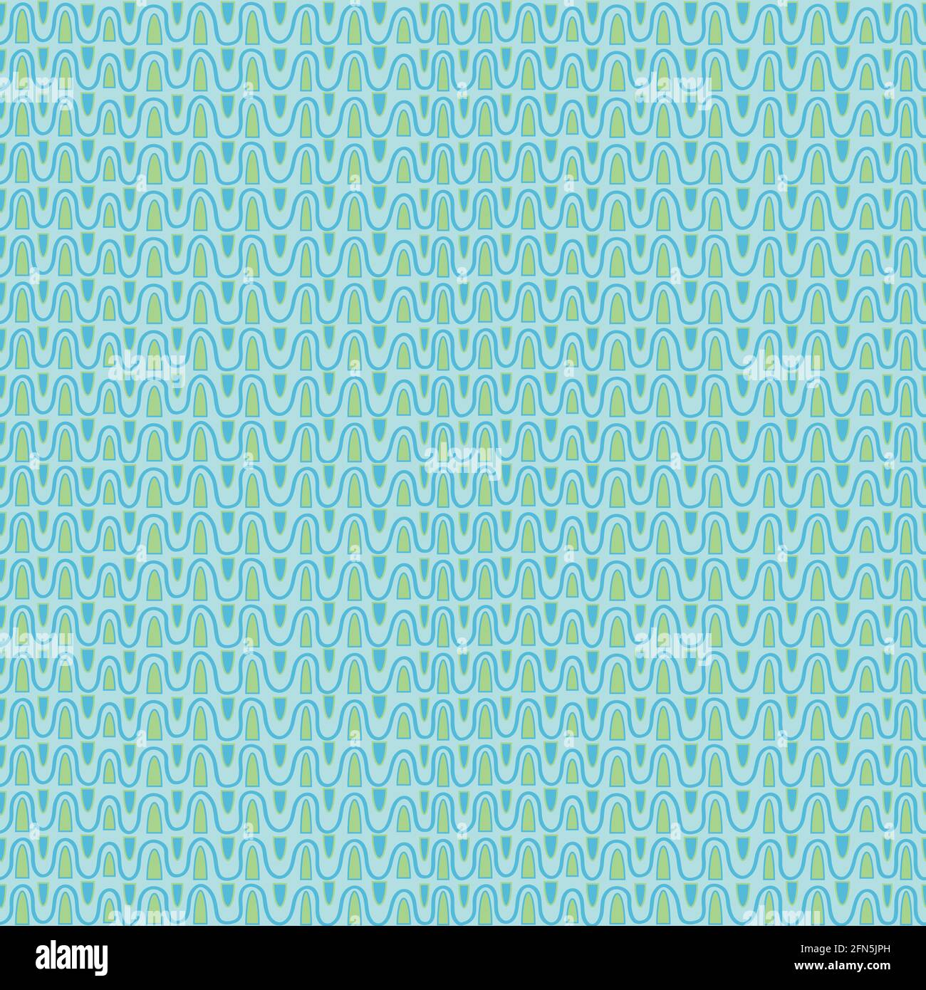Nahtlos wiederholtes Muster. Naive, handgezeichnete Umrandungen in hellblau und grün. Grenzen von unebenen Wellen. Stock Vektor