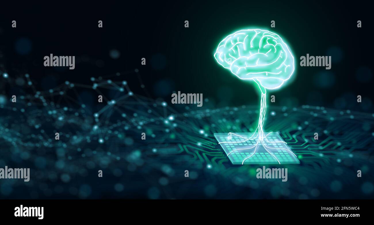 KI-Chipsatz mit menschlichem Gehirn auf Computerplatine. Künstliche Intelligenz, Data Mining und Deep Learning Moderne Computertechnologie. AI CPU Konz Stockfoto