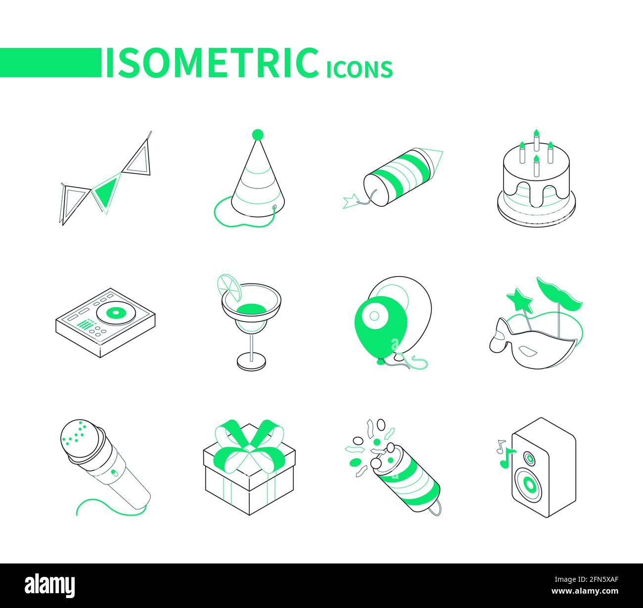 Geburtstagsfeier Feier - moderne Linie isometrische Symbole. Weihnachtsymbole, Festivalelemente. Fahnen, Hut, Petard, Kuchen, Cocktail, Luftballons, Maske, Mikrometer Stock Vektor