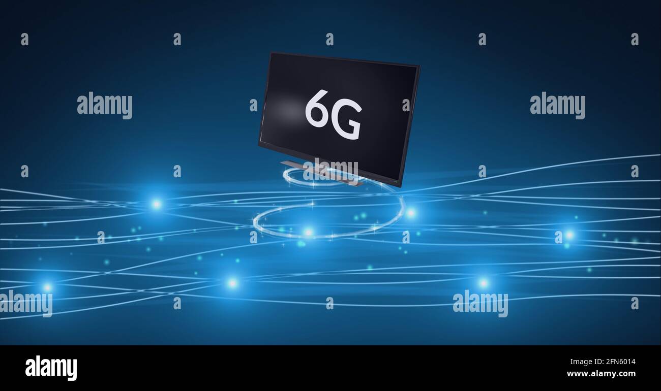 Zusammensetzung von 6 g Text auf dem Bildschirm über leuchtendem Licht Wanderwege auf blauem Hintergrund Stockfoto