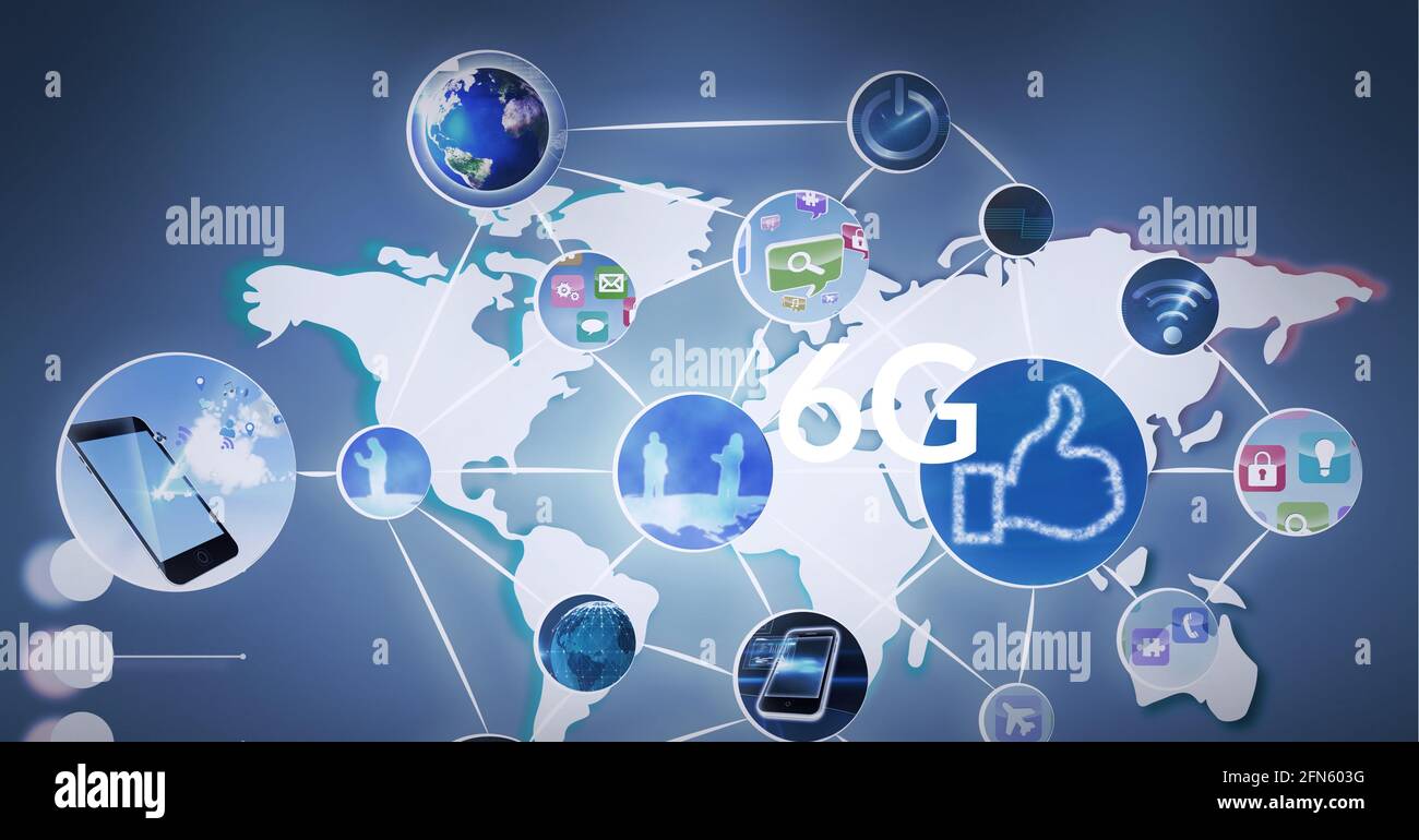 Zusammensetzung von 6g Text und Netzwerken von Verbindungen mit Symbolen Über der Weltkarte auf blauem Hintergrund Stockfoto