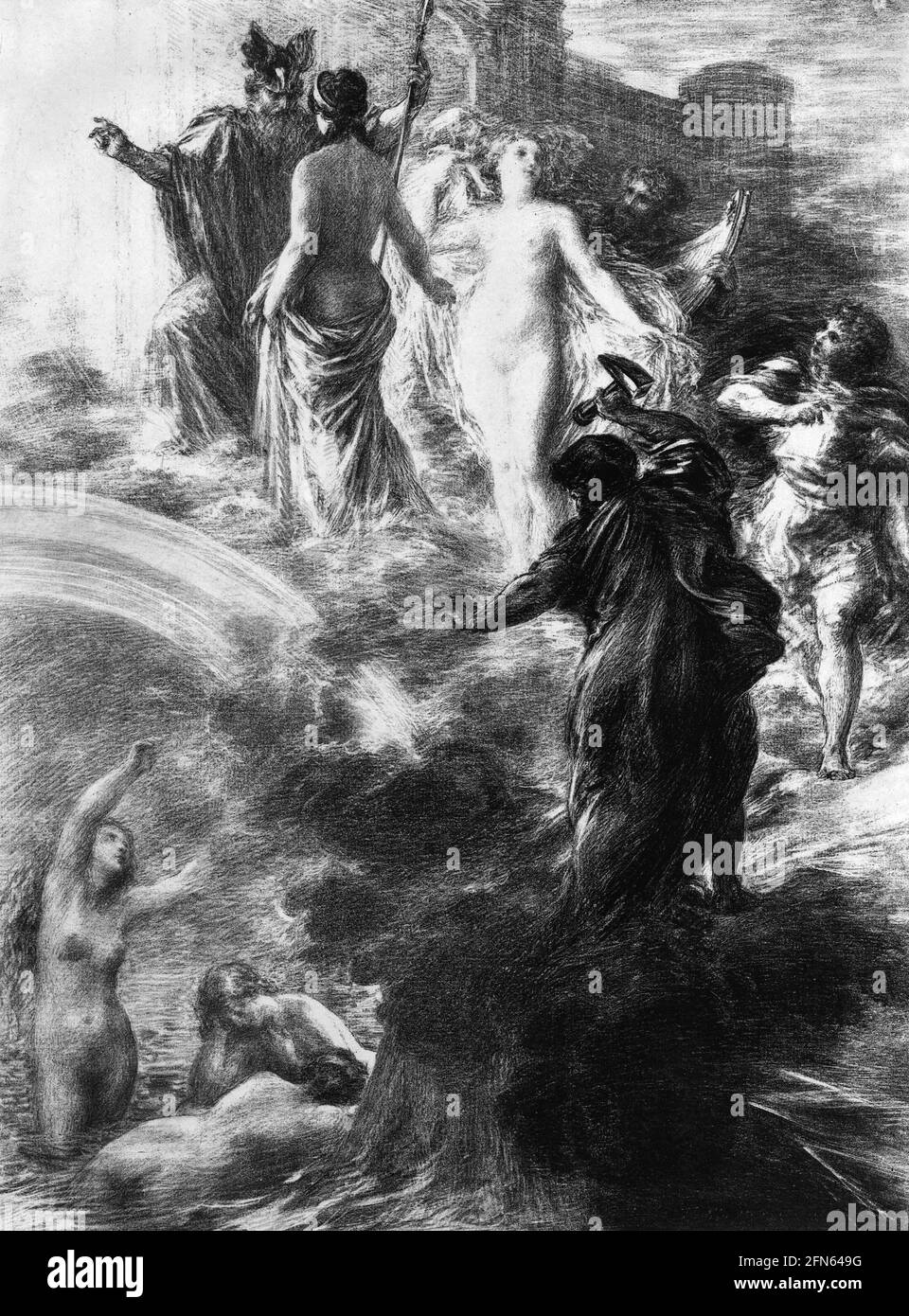Valhalla. Die nordischen Götter überqueren die Regenbogenbrücke, die nach Valhalla führt. Szene aus Wagner' 'das Rheingold', 1877. Lithographie, gedruckt auf Papier Stockfoto