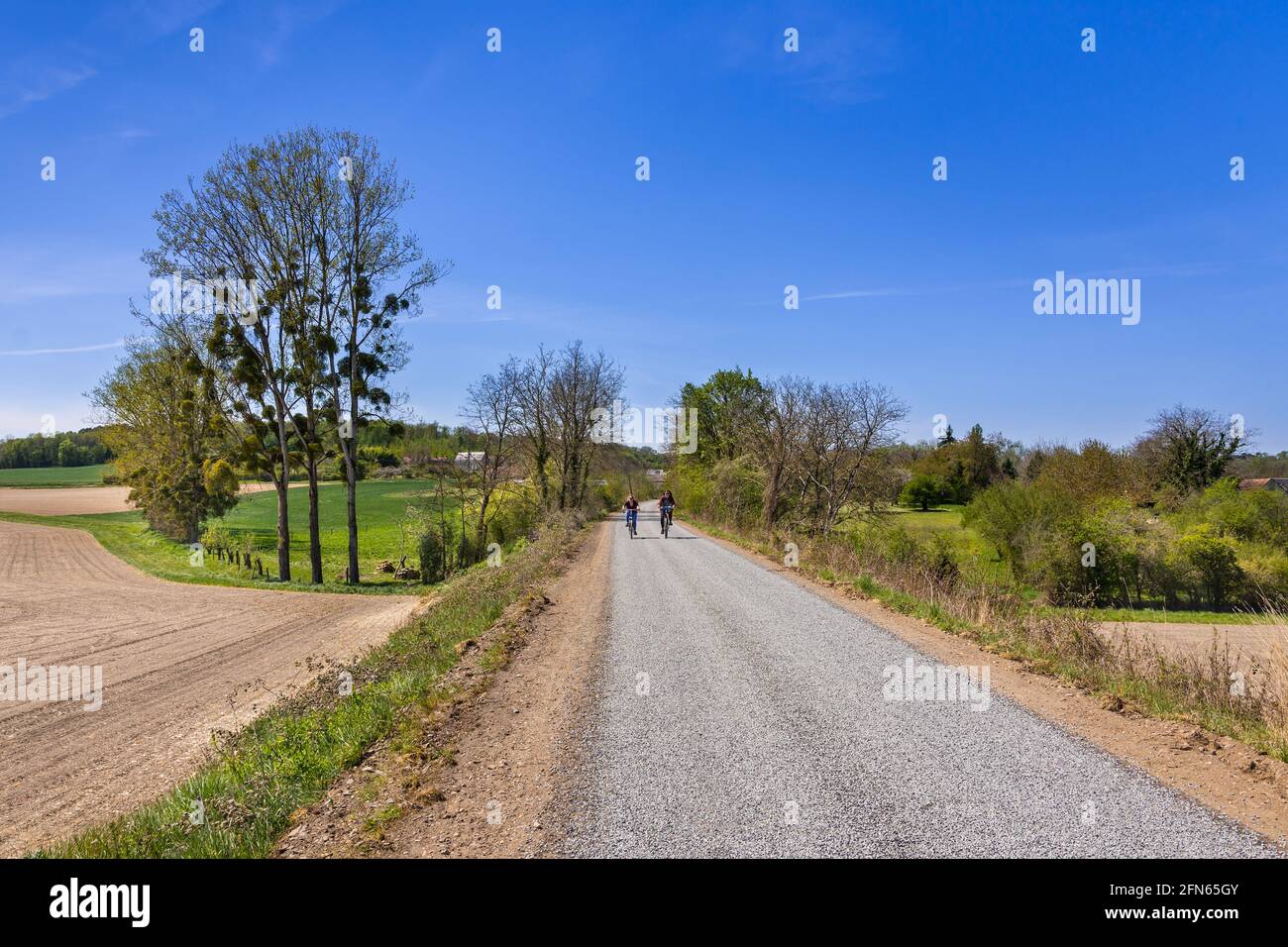 Zwei Teenager-Radfahrer, die einen neuen Radweg von der alten Eisenbahnlinie - Indre-et-Loire (37), Frankreich, benutzen. Stockfoto