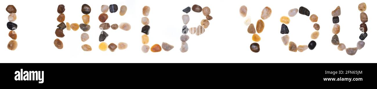WORTE: „ICH HELFE DIR!“ Handgefertigt mit Steinen (Felsbrocken). Sammlung Wörter mit Steinen. Isoliert auf weißem Hintergrund Stockfoto