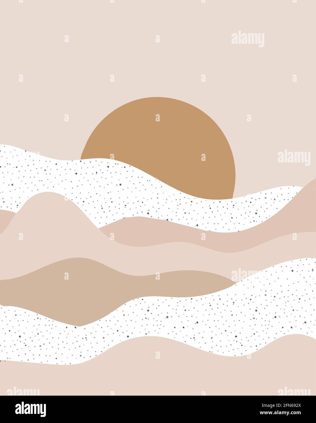 Abstrakte zeitgenössische ästhetische Hintergrundlandschaft mit Sonnenaufgang oder Sonnenuntergang. Erdfarben in Pastelltönen. Boho Wanddekoration. Stock Vektor