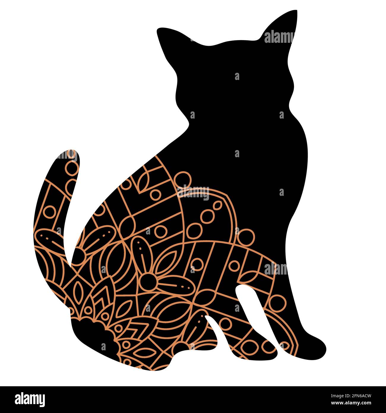 Doodle Katze Mandala in schwarz und Gold für Seite Erwachsene Malbücher, Tier-Vektor-Muster. Anti-Stress-Design. Stock Vektor