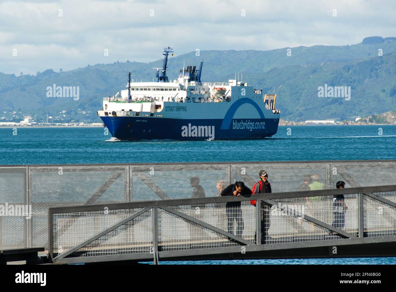 Lifeline von Neuseeland: Eine Bluebridge-Fähre, die von der Cook Strait aus in die Bucht von Wellington fährt. Die Fähren verbinden Nord- und Südinsel durch regulären Verkehr. Stockfoto