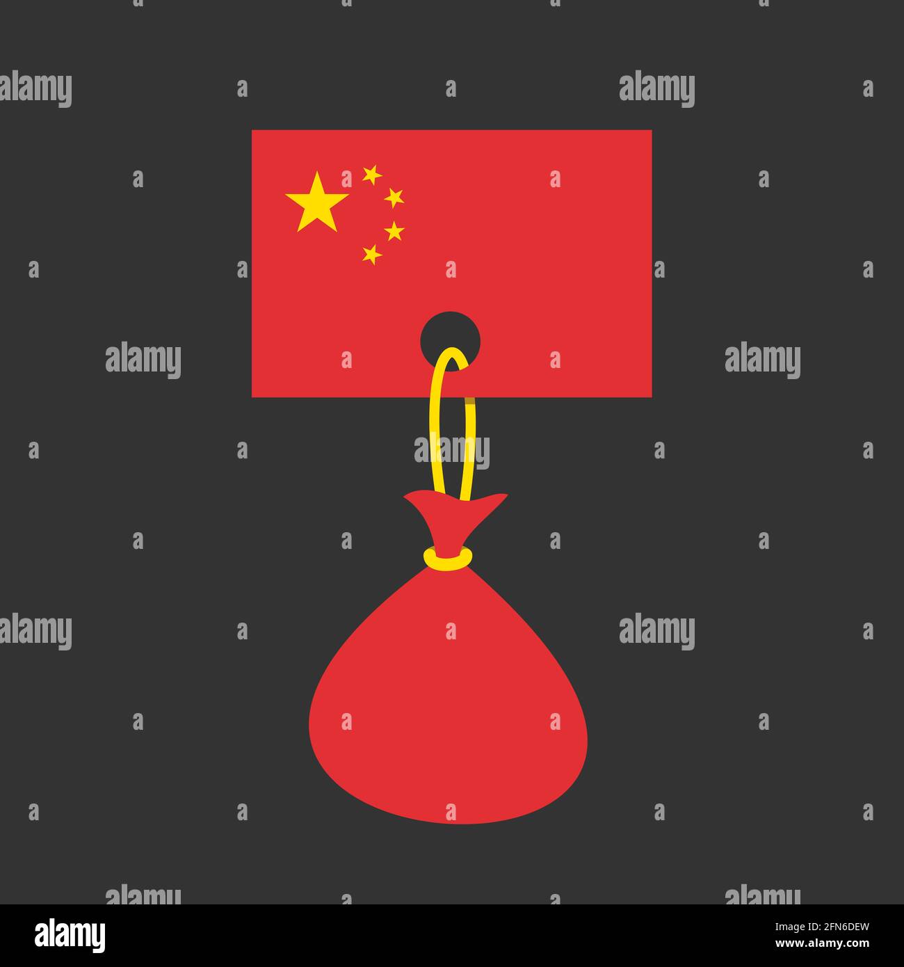 Flagge Chinas mit schwerer Last - Metapher für chinesischen Staat, Land, Nation und Schulden, Verschuldung, Haftung. Konzept der Staatsverschuldung, national Stockfoto