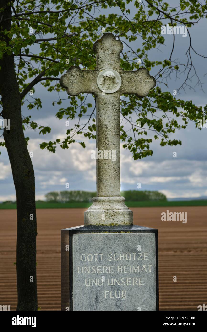 Wegkreuz mit der Aufschrift "Gott segne unser Haus und unsere Felder" im Hintergrund Spargelfelder in Zuelpich. Stockfoto