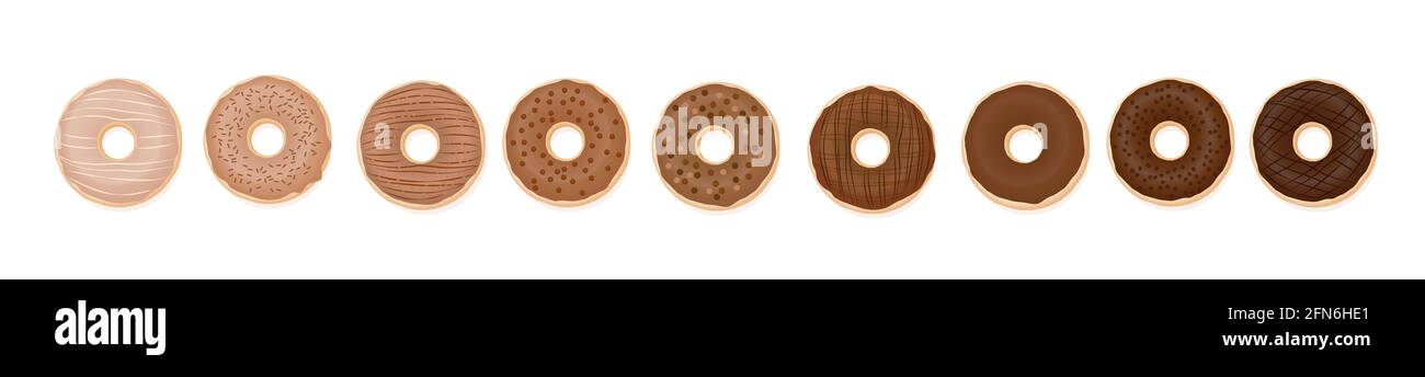 Schokoladen-Donuts in einer Reihe. Neun verschiedene Donuts, glasiert von heller bis dunkler Schokolade - Illustration auf weißem Hintergrund. Stockfoto