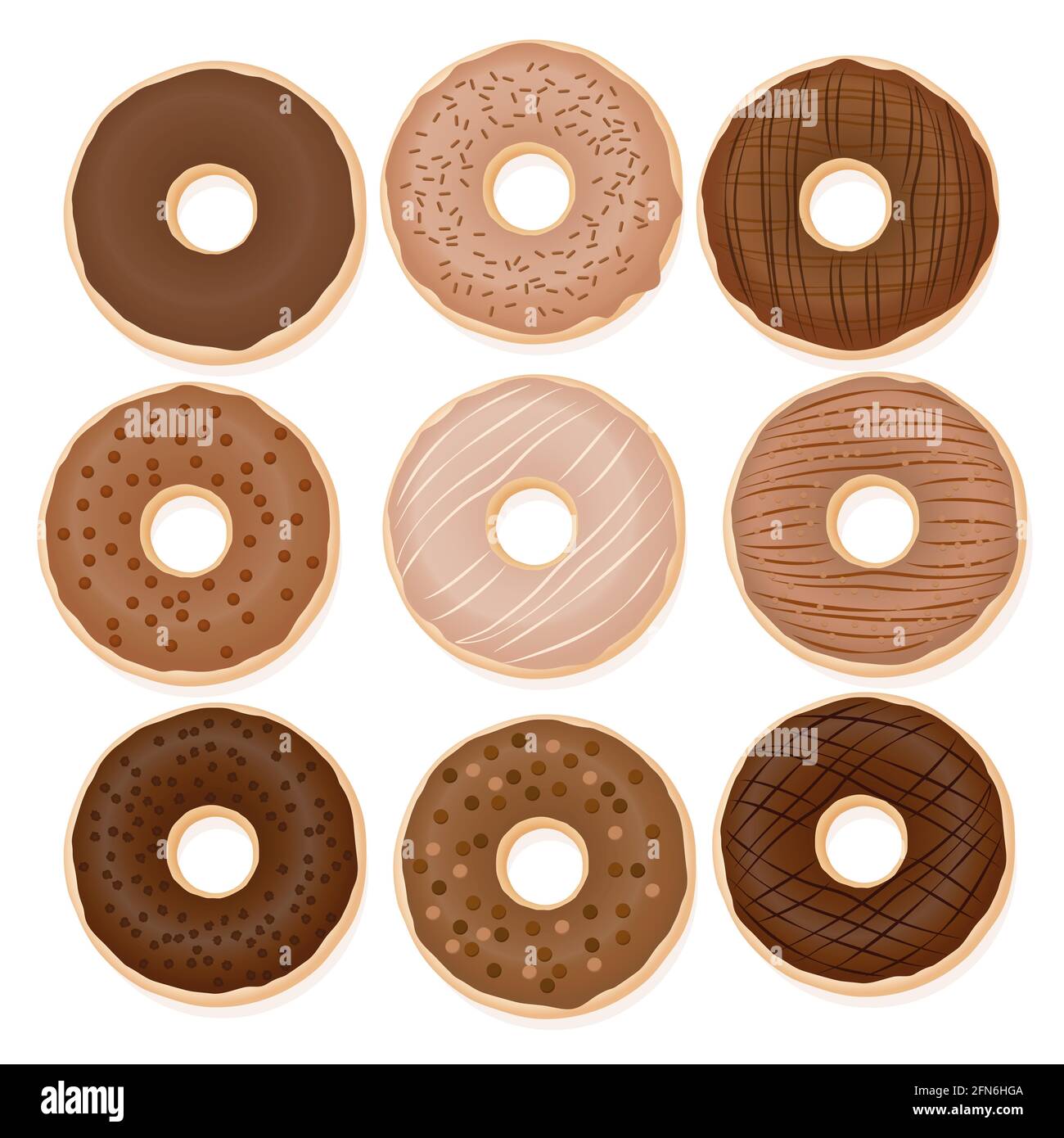 Schokoladen-Donuts. Neun verschiedene Donuts mit Glasur aus heller bis dunkelbrauner Schokolade - Illustration auf weißem Hintergrund. Stockfoto
