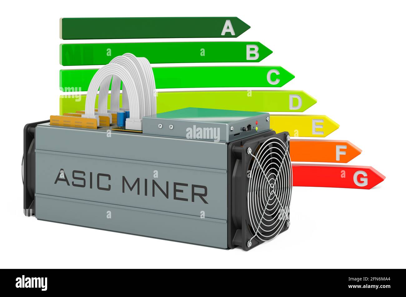 ASIC Miner mit Energieeffizienzdiagramm, 3D-Rendering isoliert auf weißem Hintergrund Stockfoto