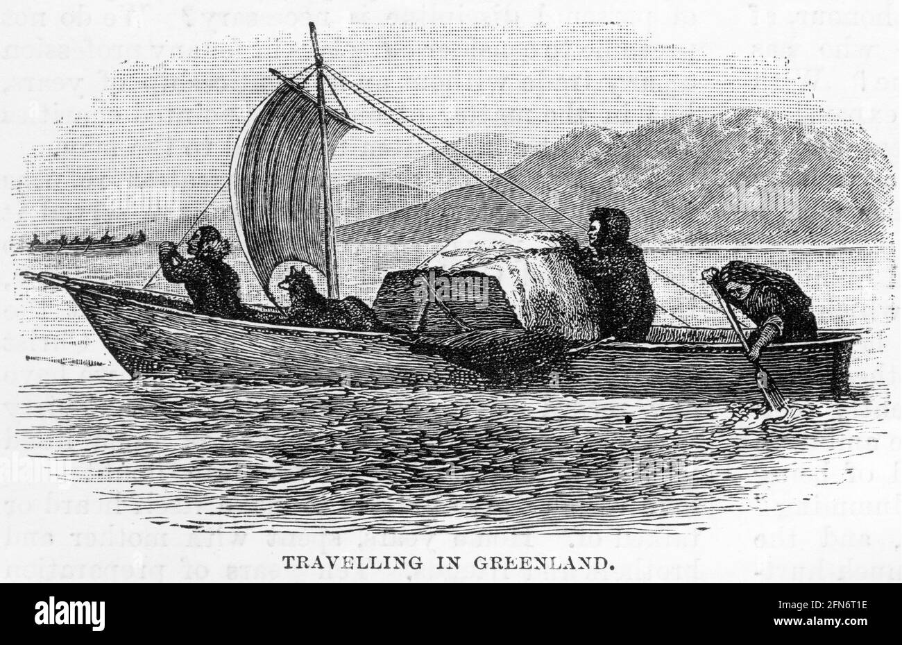 Gravur von Eskimos, die mit dem Boot in Grönland unterwegs sind Stockfoto