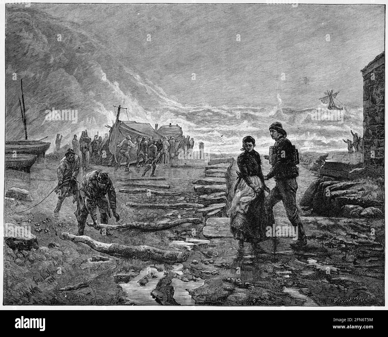 Gravur von Rettungskräften, die die Rettungsboote starten, um einem Schiff in Not vor der englischen Küste zu helfen, um 1880 Stockfoto