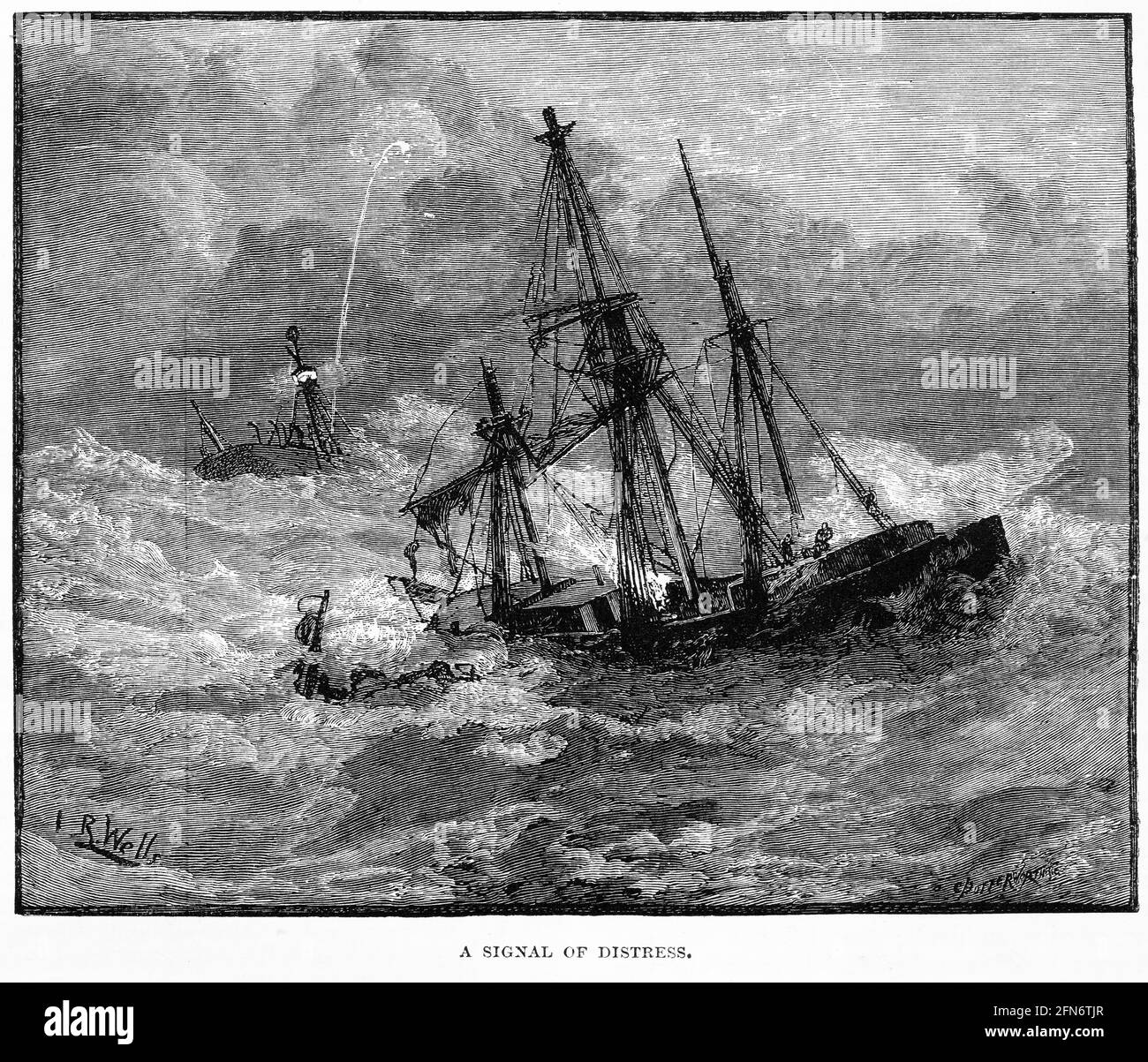 Gravur eines floundernden Schiffes, das während eines Sturms auf See eine Notfackel aussendet, um 1880 Stockfoto