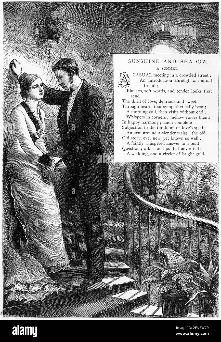 Stich eines umwerfenden Paares mit einem Sonett über die Liebe, um 1879 Stockfoto