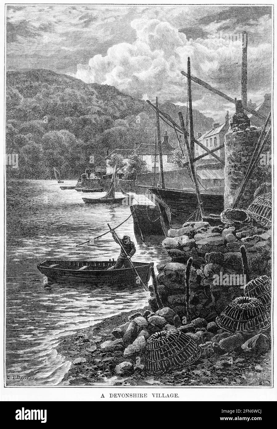 Gravur eines Dorfes in Devonshire mit seinen Fischerbooten und Krabbenköpfen, um 1880 Stockfoto