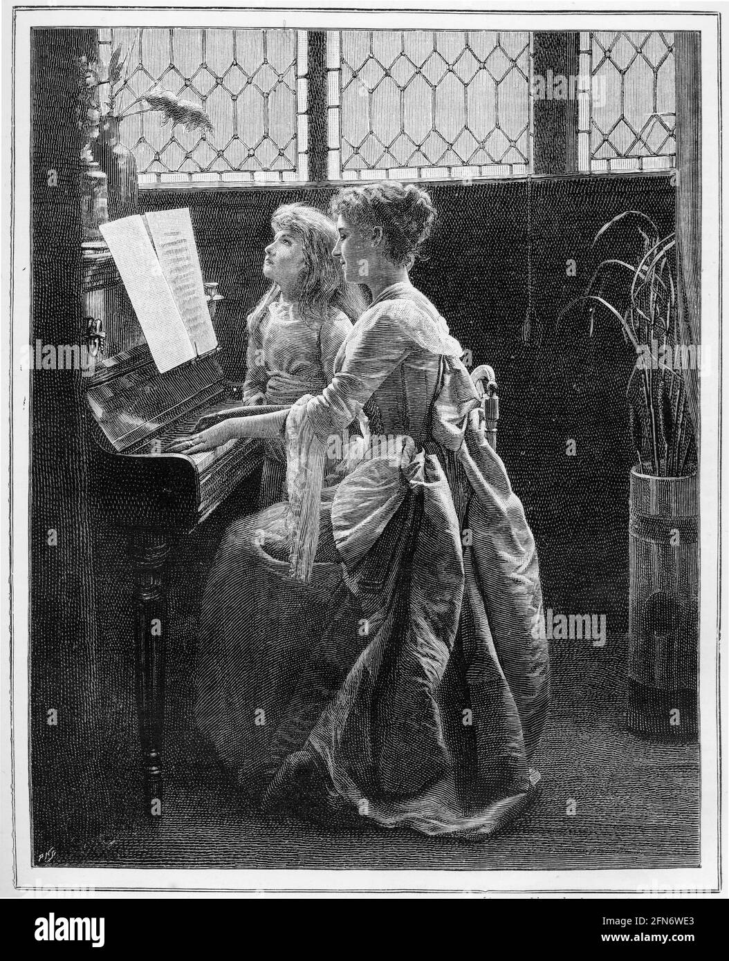 Stich einer Mutter, die für ihre Tochter Klavier spielt, um 1880 Stockfoto