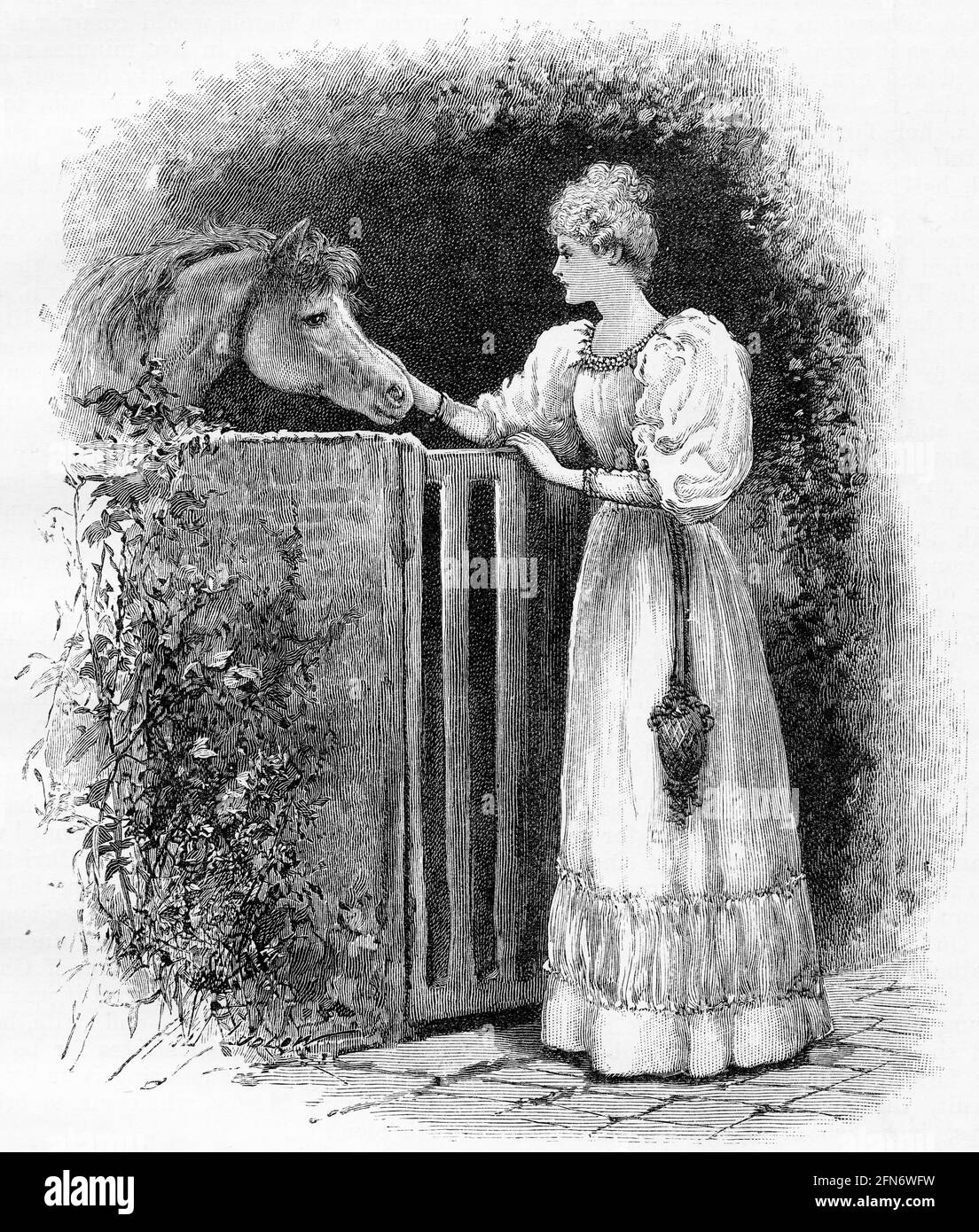 Eingraviertes Porträt einer jungen Frau, die ein Pony in den Ställen streichelt, um 1880 Stockfoto