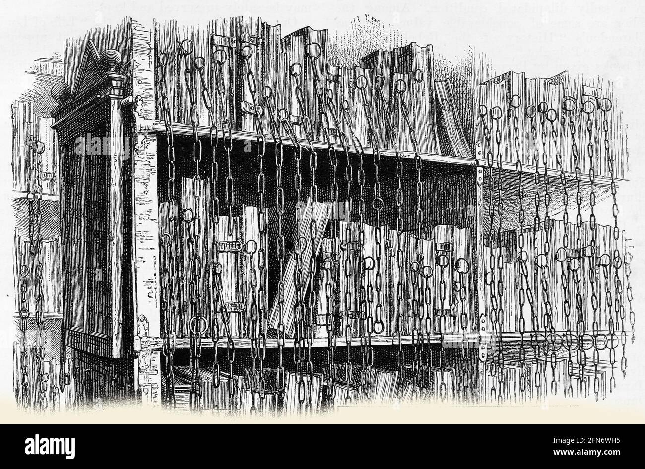 Gravur mittelalterlicher Bücher, gekettet an das Bücherregal der Hereford Bibliothek, um 1890 Stockfoto