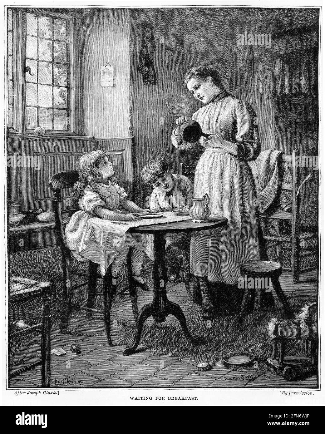 Gravur von Kindern, die in einem typisch englischen Haus auf ihr Frühstück warten, um 1880 Stockfoto