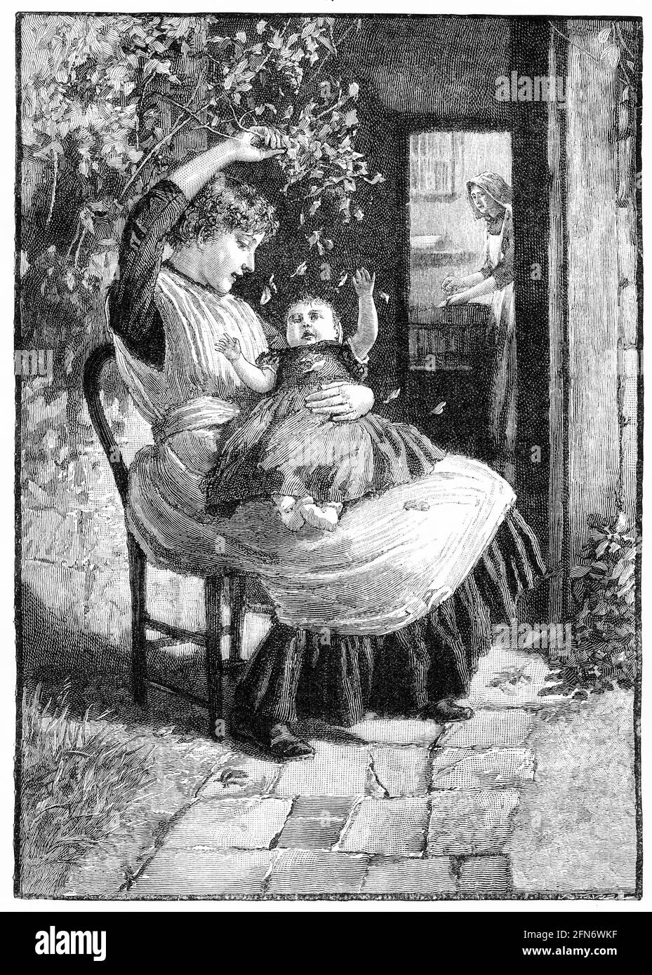 Stich einer Mutter, die Herbstblätter auf ihr Baby streut, um 1890 Stockfoto