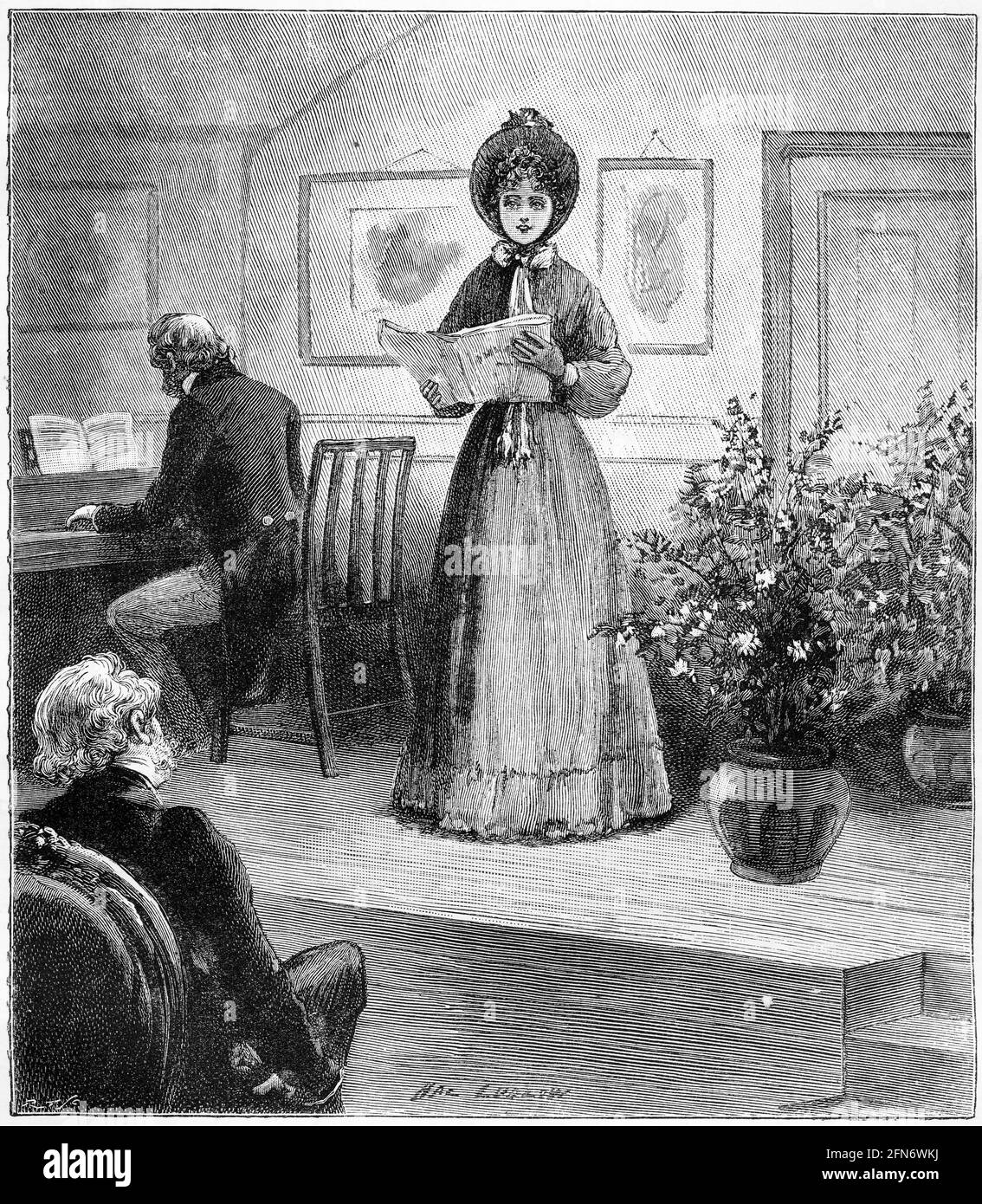Gravur einer jungen Frau, die in einem Privathaus zu einem älteren Herrn sang, um 1890 Stockfoto