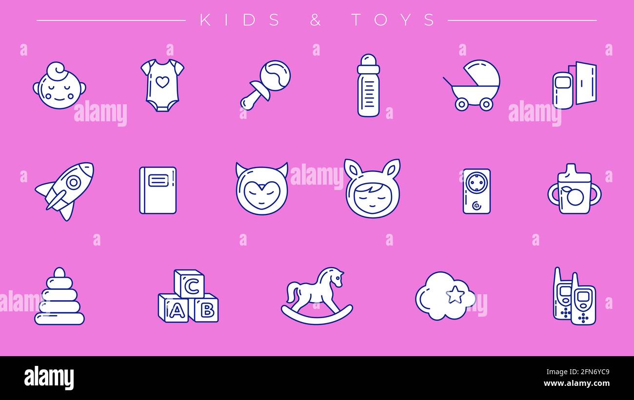 Kinder und Spielzeug Konzept Linie Stil Vektor-Symbole gesetzt. Stock Vektor