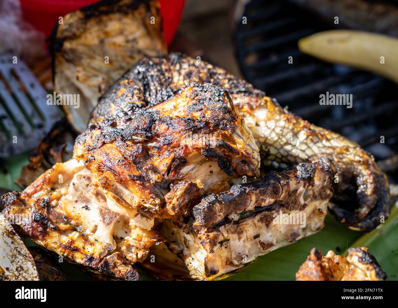 Frisches Alligatorfleisch wird auf dem Belen-Markt in Peru verkauft Stockfoto