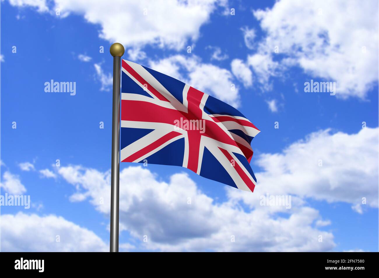 3D-gerendertes Bild. Flagge des Vereinigten Königreichs winkt im Wind. Stockfoto