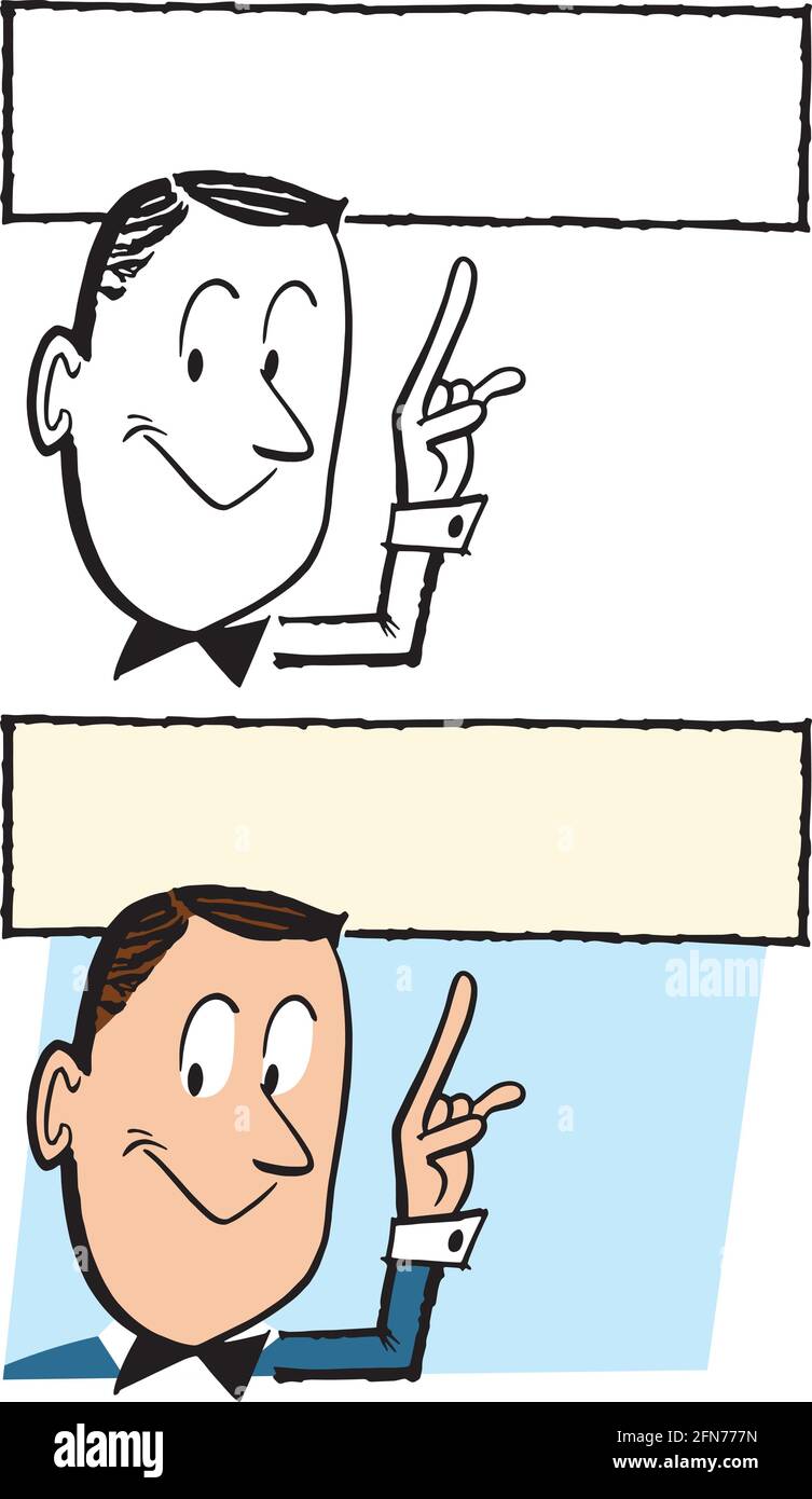 Ein Vintage Retro-Cartoon eines Mannes, der auf ein leeres Schild zeigt. Stock Vektor