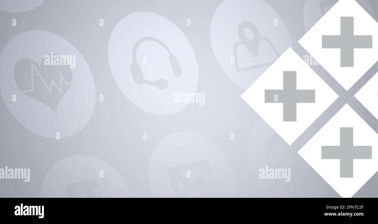 Zusammensetzung von Kreuzen auf weißen Diamanten und Netzwerk von medizinischen Symbole auf grauem Hintergrund Stockfoto