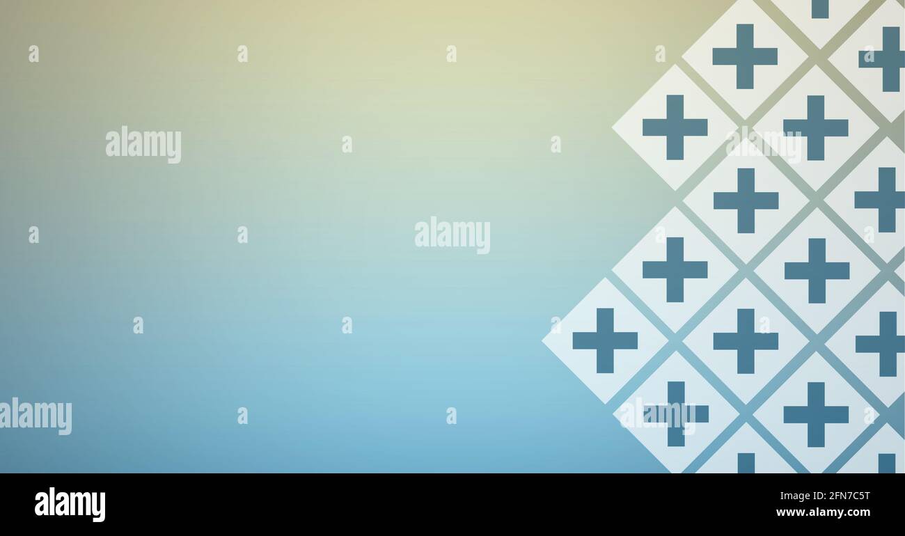 Komposition aus blauen Kreuzen auf weißen Diamanten mit Kopierraum Über dem Verlauf auf blauem Hintergrund Stockfoto