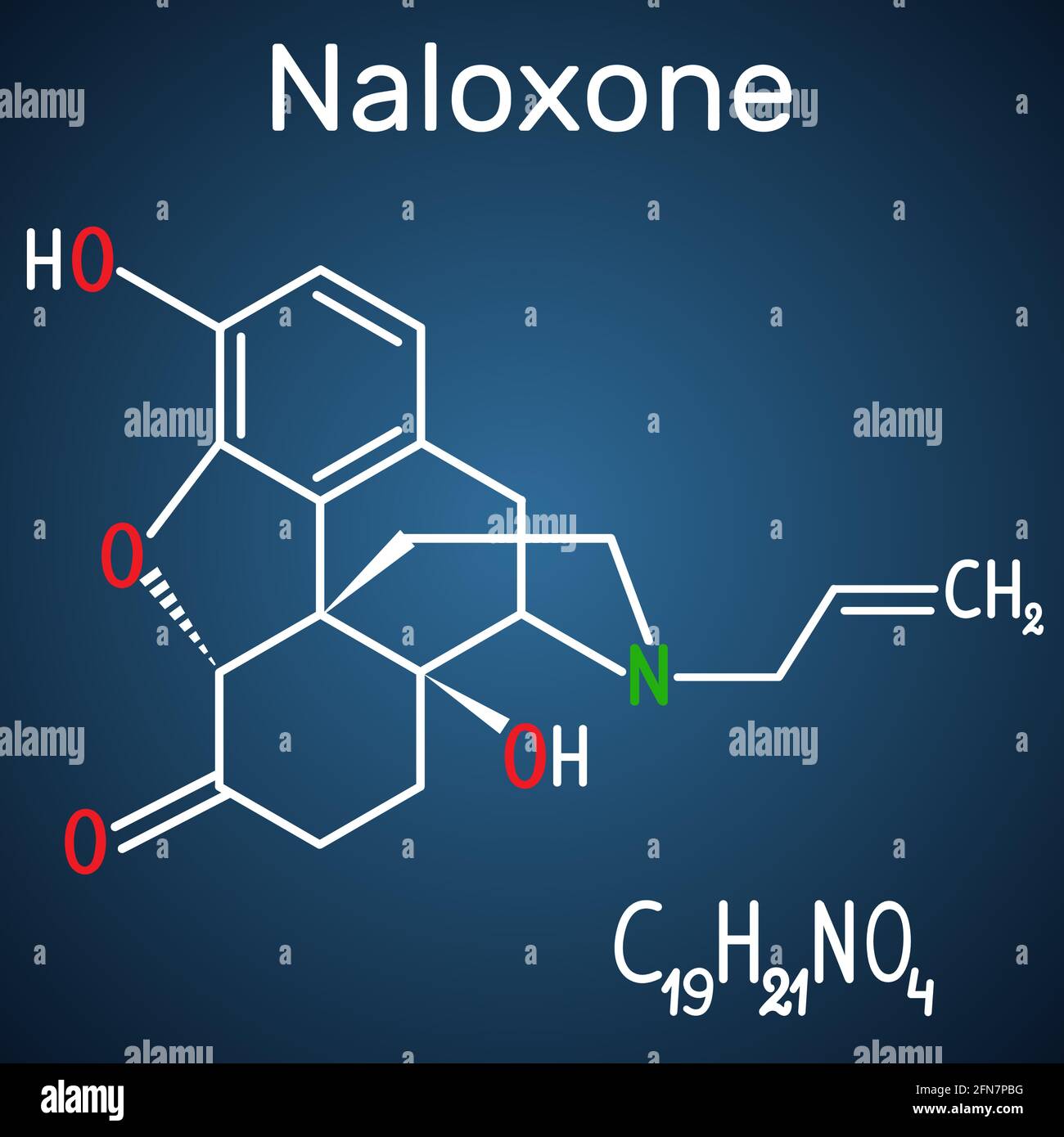 Naloxon-Molekül. Es wird verwendet, um die Auswirkungen von Opioiden zu blockieren, insbesondere bei Überdosierung. Strukturelle chemische Formel und Molekülmodell auf dem dunkelblauen Stock Vektor
