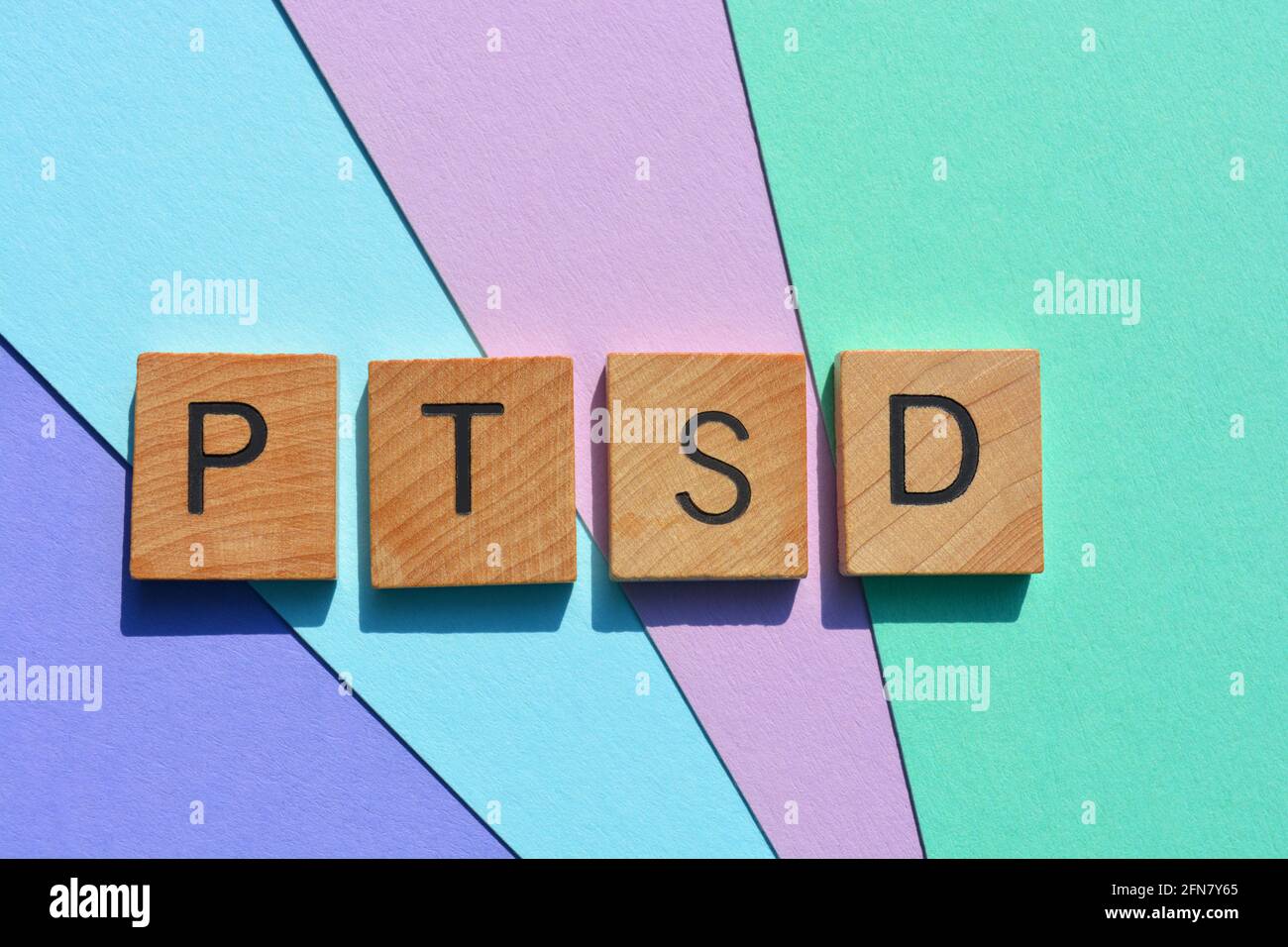 PTSD, Akronym für Post traumatic Stress Disorder in Wooden Alphabet Letters Stockfoto