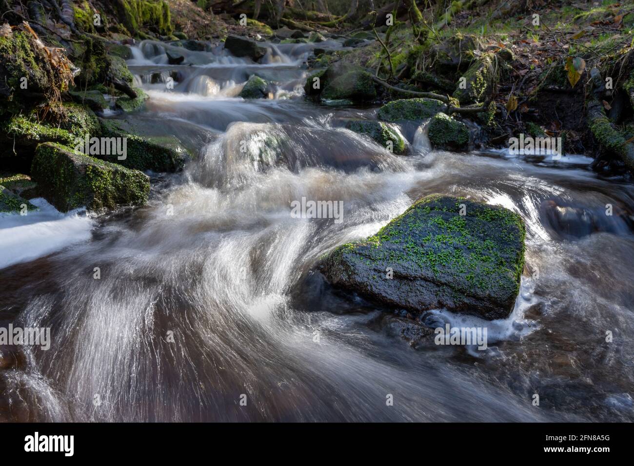 Der Hatch Brook Wasserfall fließt entlang der West Pennine Moors in Brinscall, Chorley. Stockfoto