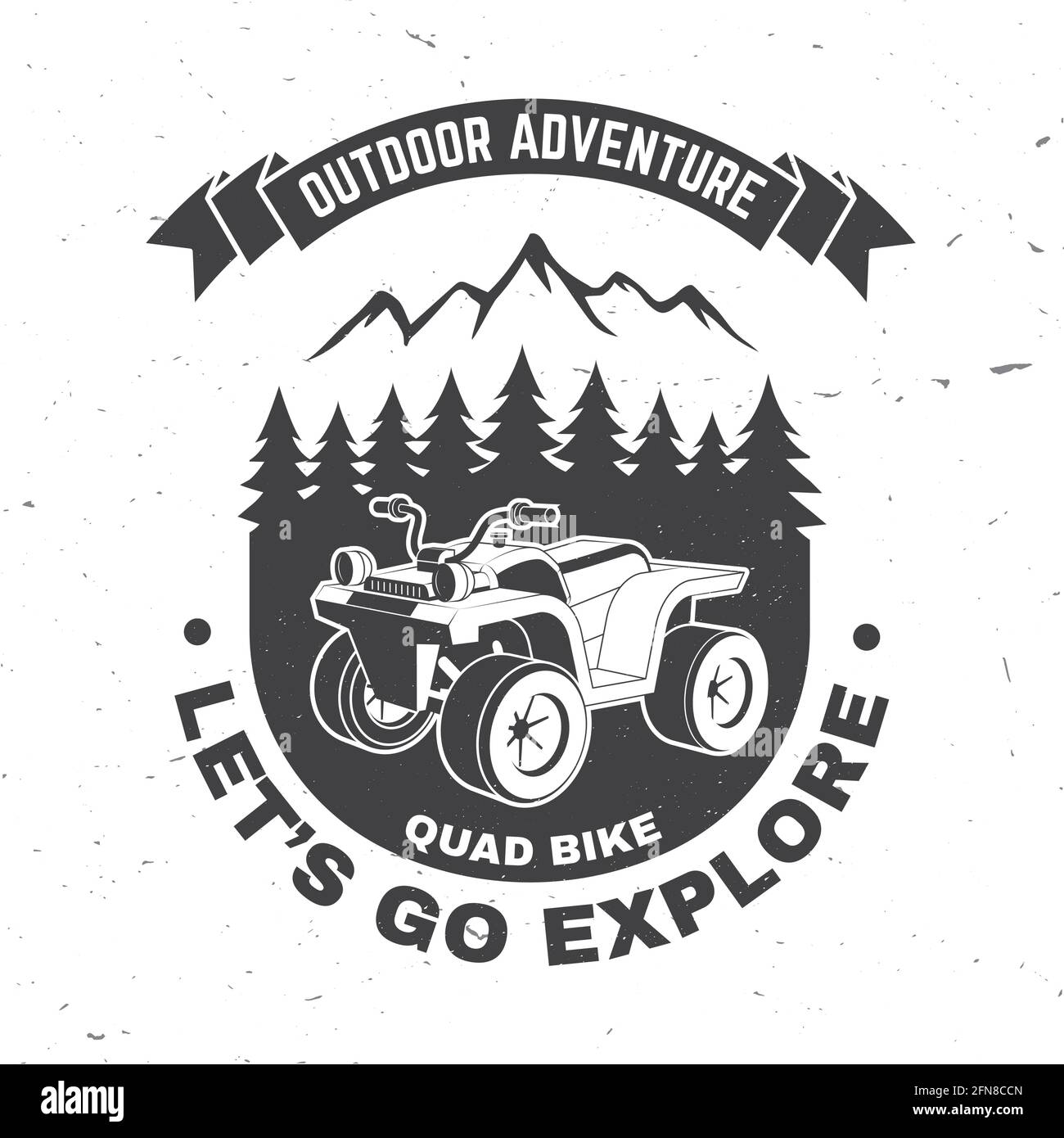 Lassen Sie uns erkunden. Sommerlager. Vektor. Konzept für Hemd oder Logo, Print, Stempel oder T-Shirt. Vintage Typografie Design mit Quad Bike und Wald Silhouette Stock Vektor