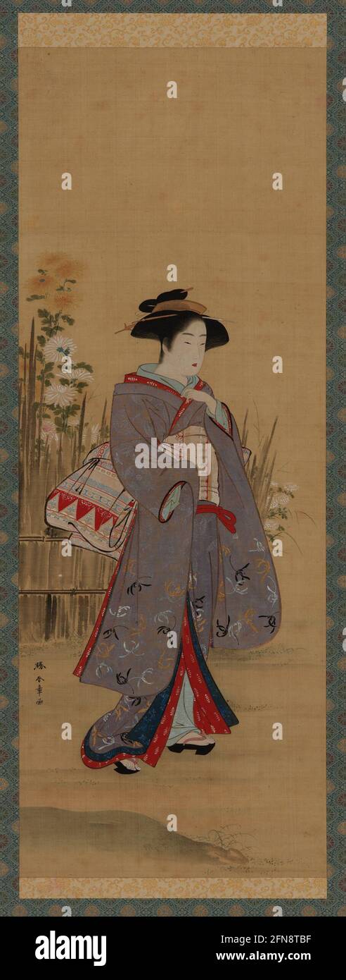 Frau in der Nähe eines umzäunten blühenden Gartens, Ende des 18. Jahrhunderts. Stockfoto