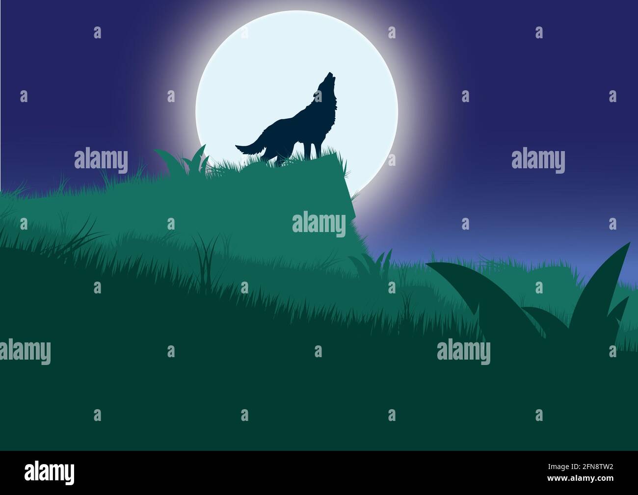 wolf in einer Bergklippe. Mitten in der Nacht Mond im Hintergrund. illustrator Hintergrundbild Stockfoto