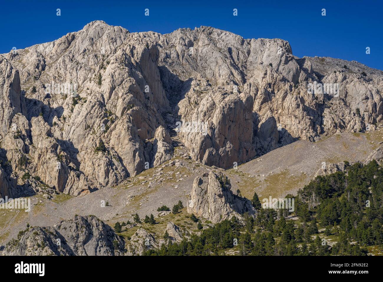 Pedraforca Südwand von Sorribes (Gósol-Tal, Katalonien, Spanien, Pyrenäen) ESP: Cara sur del Pollegó Superior del Pedraforca Stockfoto