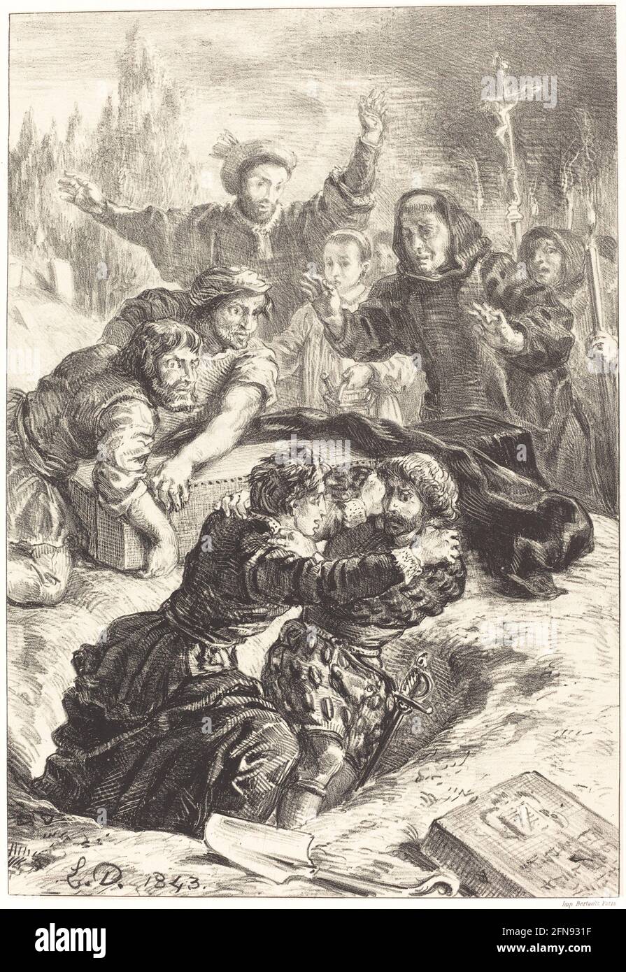 Hamlet und Laertes im Grab von Ophelia (Akt V, Szene I), 1843. Stockfoto