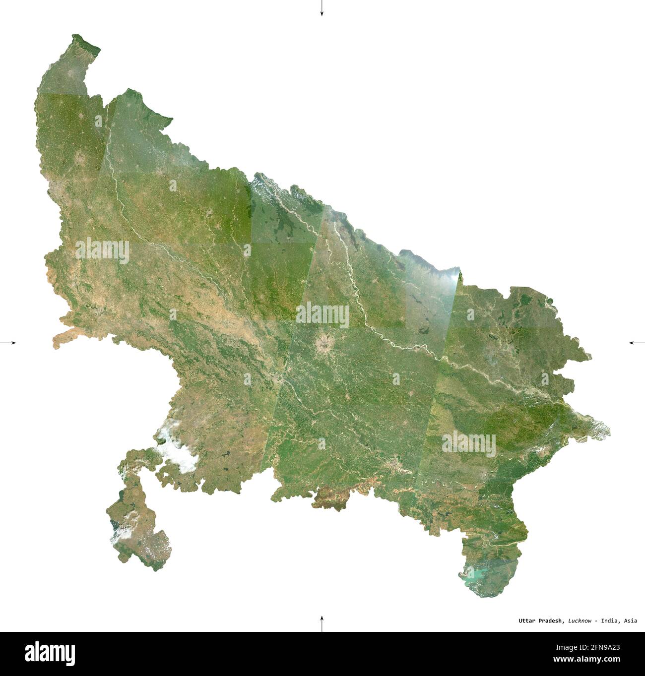 Uttar Pradesh, Bundesstaat Indien. Sentinel-2-Satellitenbilder. Form isoliert auf Weiß. Beschreibung, Lage der Hauptstadt. Enthält modifiziertes Copernic Stockfoto